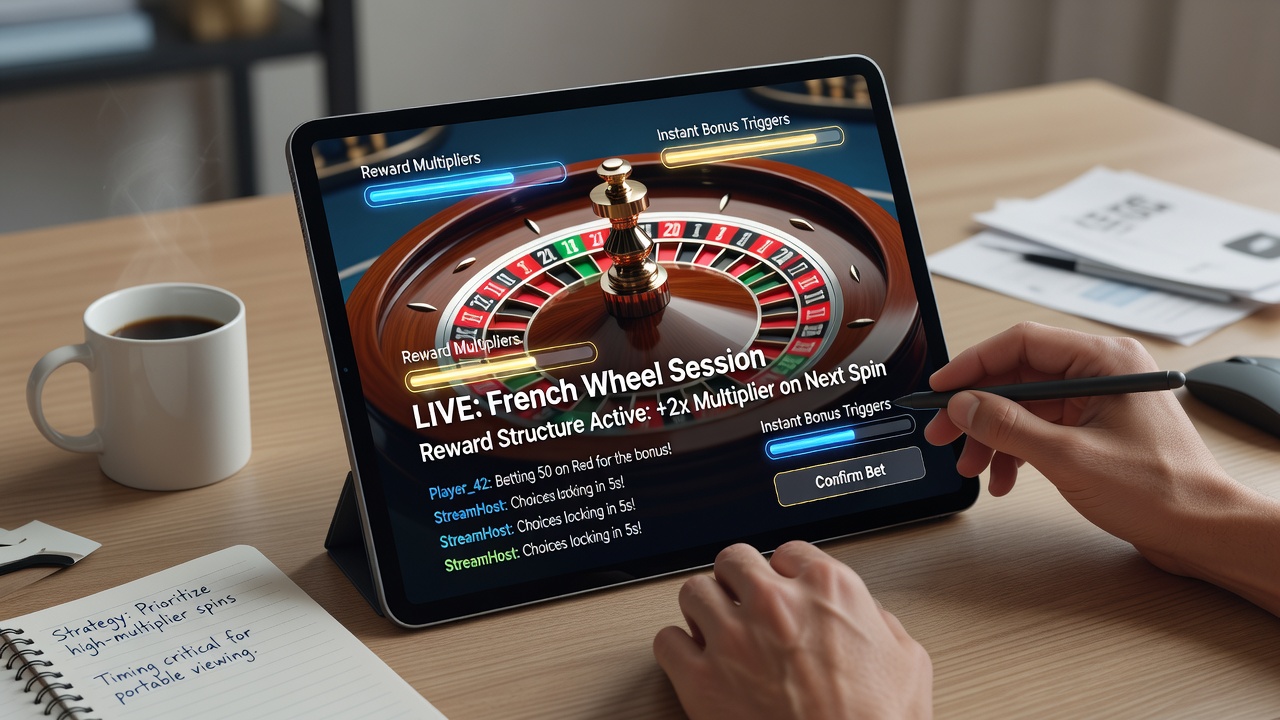 Close-up view of portable device interface during a French wheel live stream with reward progress indicators and bet placement options visible