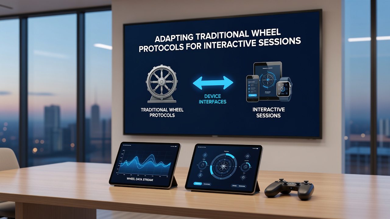 Multiple device interfaces showing synchronized wheel protocols during live interactive sessions